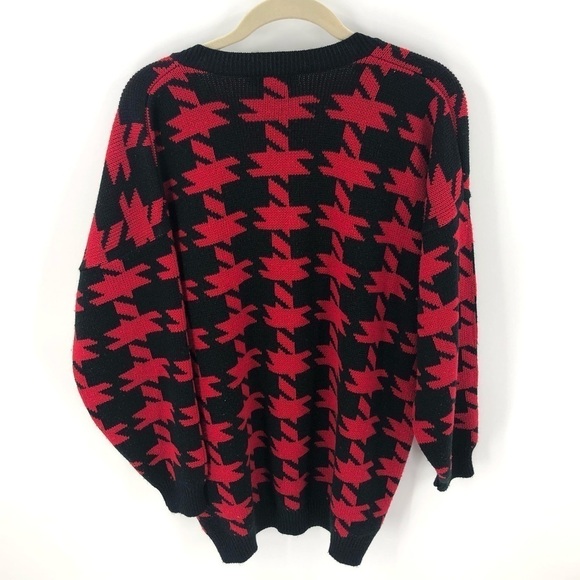 Vintage Oversized Jumbo Houndstooth Sweater Preppy V Neck Red Black Medium - Picture 5 of 9